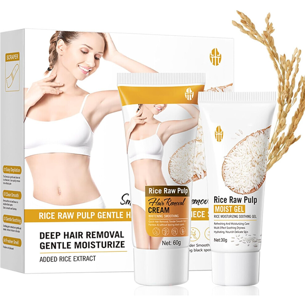 2Pcs Rice Raw Pulp Hair Removal, Gentle Hair Removal Cream; Moisturising Gel, Nourishing Formula with Rice Extract for Smooth, Hydrated Skin