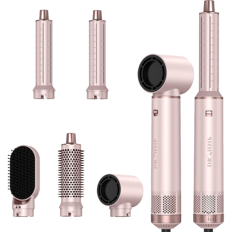 (Pink) Dryhsip Hair Dryer Brush, 5-in-1 Hot Air Brush, Blow Dryer & Styler with Detachable Heads (Curling Wand, Volumizing Brush,