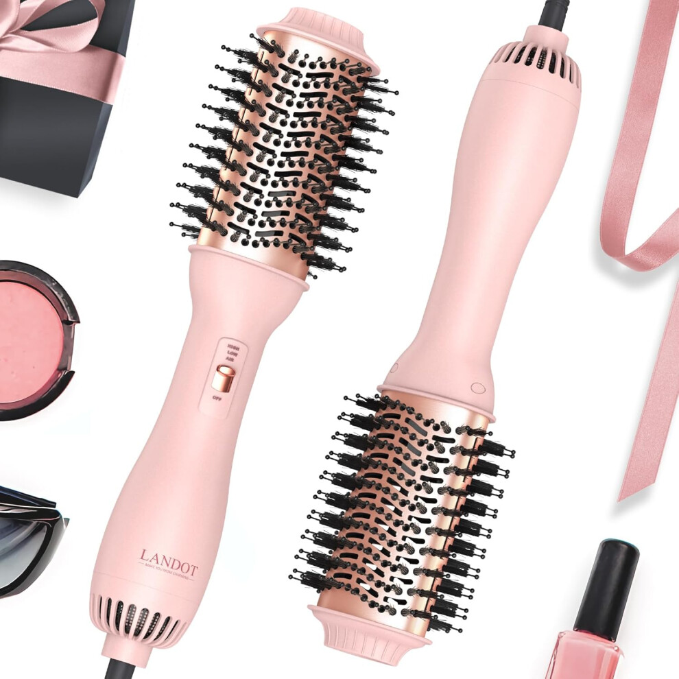 Pink (Pink) Hair Dryer Brush Hot Air Blow Dry Brush - 3 In 1 Negative Ionic Hairdryer Blowout Brush For Salon Style, Smooth, Frizz-Free