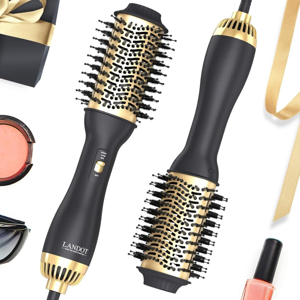 Black/Gold () Hair Dryer Brush Hot Air Blow Dry Brush - 3 In 1 Negative Ionic Hairdryer Blowout Brush For Salon Style, Smooth, Frizz-Free