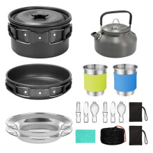 15pcs Camping Cookware Mess Kit Non-Stick Light Weight Pots Pan Set with Stainless Steel Cups Plates Forks Knives Spoons
