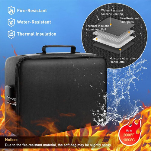 Fireproof Waterproof Document Bag with Lock,Portable Waterproof Document Organizer for Important File Travel Storage Box