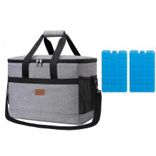 (Platinum Gray) 40L Picnic Cooler Bag with Zipper Closure, OXFORD Waterproof, EVA Foam Insulated, 2 Ice Packs, 47x28.5x30 cm, Gray Black