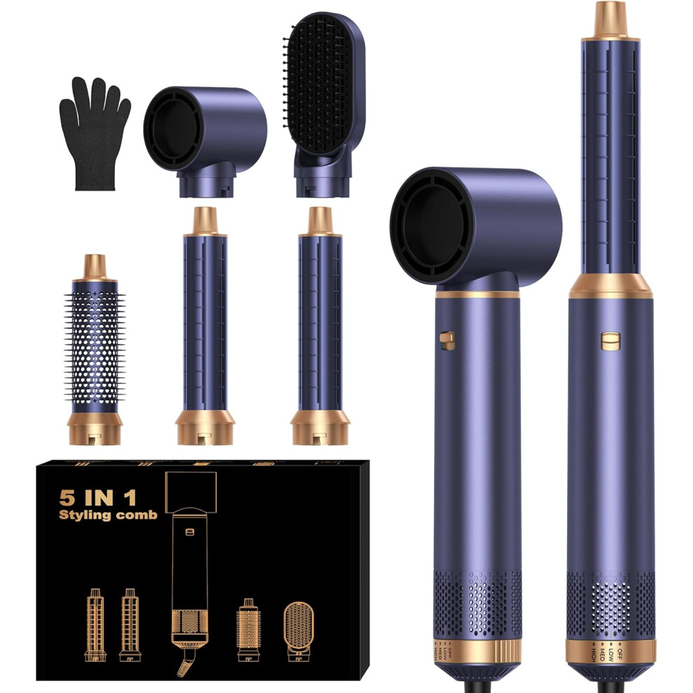 Blue/Gold ( Gold) 5 In 1 Hair Styler Air Brush Hairstyer Airbrush 5 In 1 Air Styer Airstyler Multi-Blow Dryer Brush Set With Curl, Straighten, Wavy,