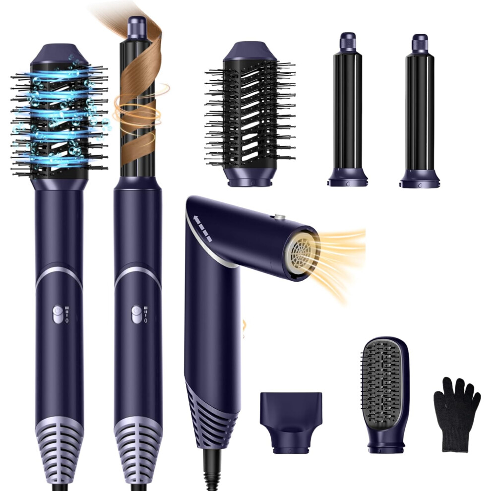 Blue (Blue/Sliver) 5 In 1 Air Styler Hair Dryer Brush With Rotatable Blow Dryer [60,000 Rpm] Air Curlers Volumizer Straightening Brush Hairdryer