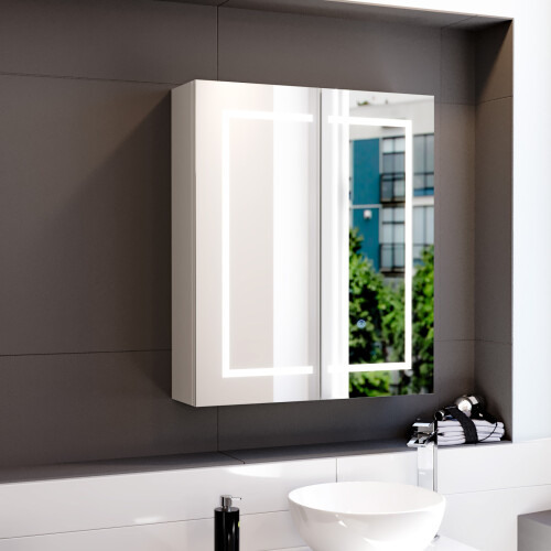 NES Home Nes Home 600mm LED 2 Doors White Bathroom Mirror Cabinet Battery Powered
