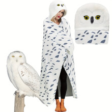 Snowy Owl Hooded Blanket Cloak for Adults - Wearable Flannel Blanket with Gloves, Super Soft Animal Design, Machine Washable Cozy