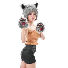 Faux Fur Wolf Gloves and Hat Set - Soft, Warm & Stylish Accessories for Halloween and Christmas, Versatile Plush Winter Costume