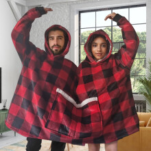 Trendy Red And Black Plaid Thickened And Elongated Hooded Pullover Loungewear Robe For Couples, Plus Size