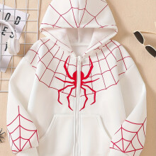 (White, 11-12Y) Autumn Girls' Fashion New Trendy Cool Handsome Premium Fresh Loose Design Zip Spider Web Print Hooded Long Sleeve Casual Outdoor G