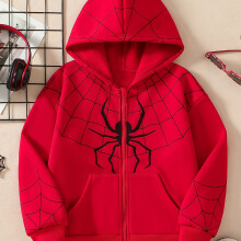 (Red, 7-8Y) Autumn Girls' Fashion New Trendy Cool Handsome Premium Fresh Loose Design Zip Spider Web Print Hooded Long Sleeve Casual Outdoor G