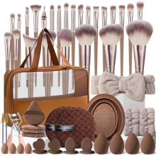 (咖色55件套(睫毛夹款)) 55Pcs Makeup Tools Set Coffee Color Blender Sponge Puff Combo Foundation Sponge Brush Set Travel Makeup Kit