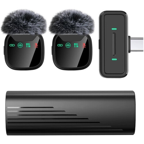 Professional Wireless Microphone with Drawer Charging Case for Android Dual Lavalier Microphone Black