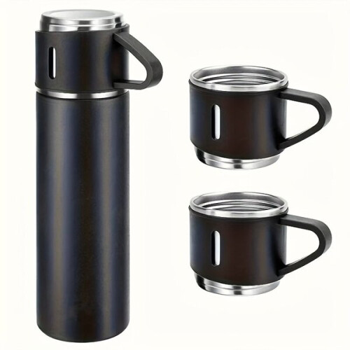 Ensemble thermos en acier inoxydable.
