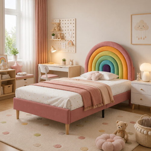 (90*190 cm) Upholstered Bed with Slatted Frame and Headboard