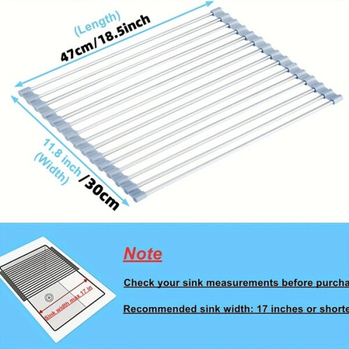 Foldable stainless steel dish drainer over the sink.