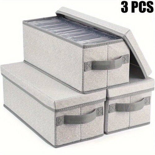 3-Piece Fabric CD Storage Boxes with Lids and Handles