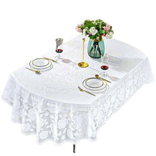 Plastic oval tablecloth, water and grease resistant.