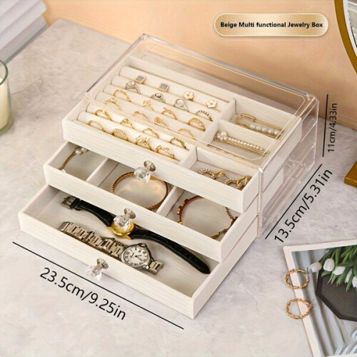Elegant 3-layer jewelry box with a transparent lid.