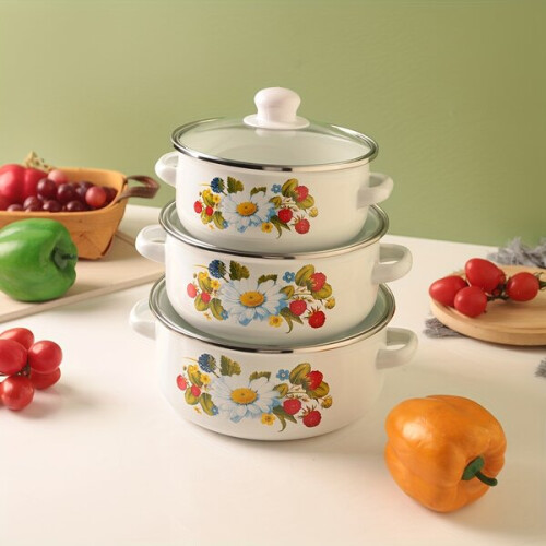 3-piece enamel pot set for the kitchen. 1
