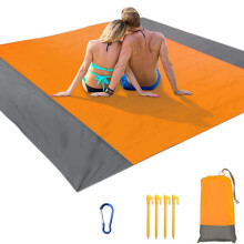 Beach Blanket, 210 x 200cm Picnic Blanket Extra Large Waterproof Beach Mat with 4 Fixed Nails, for Beach, Camping-Orange