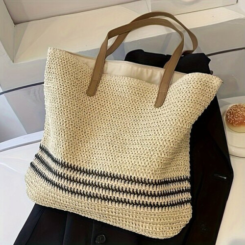 Gestreepte rieten strandtas 1