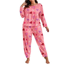 Womens Size Heart Print Long Sleeve Pajama Set 2 Piece Loungewear Sleepwear Light XL
