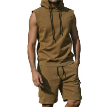 Herr Träningsdräkter 2-Delat Set Avslappnad Ärmlös Hoodie Tank Topp och Shorts Gym Svettdräkter Beige M