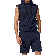 Herr Träningsdräkter 2-Delat Set Avslappnad Ärmlös Hoodie Tank Topp och Shorts Gym Svettdräkter Marinblå L