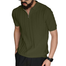 Camicia da Uomo A Maniche Corte In Maglia con Cerniera A un Quarto, A Coste, Casual, da Verde Scuro M