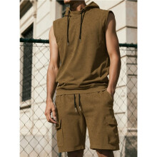 Herr Träningsdräkter 2-Delat Set Avslappnad Ärmlös Hoodie Tank Topp och Shorts Gym Svettdräkter Beige L