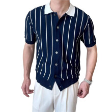 Camicie da Uomo Vintage A Righe con Bottoni, In Maglia Blu Navy L