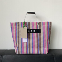 (grey) Woven Aluminum Handle Shopping Tote Bag Lightweight Large Capacity Unisex Casual