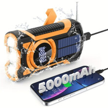 Multifunctionele noodradio met 5000 mAh batterij, IPX5-certificering en handslinger.