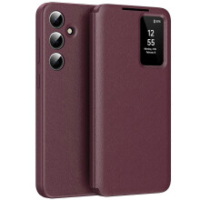(Wine Red) Kompatible Samsung Galaxy A56 5G Hülle mit Kartenhalter, Smart View Fenster, Leder-Handyhülle