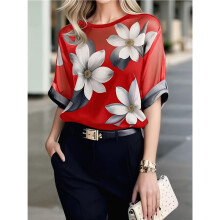 Women'S Elegant Mesh Blouses Printed Sheer Shirt with Half Sleeves Dressy Casual Shirts Red L