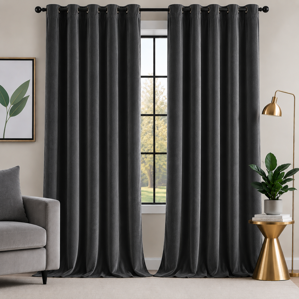 Oxford Homeware (Charcoal, 66" Width X 84" Drop - 168Cm X 213Cm-(Single Panel)) Velvet Curtain Pair Eyelet Ring Top Curtains With Tie Backs