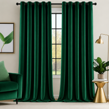 (Green, 66" width x 84" drop - 168cm x 213cm-(Single Panel)) Velvet Curtain Pair Eyelet Ring Top Curtains with Tie Backs