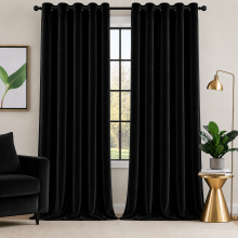 (Black, 66" width x 84" drop - 168cm x 213cm-(Single Panel)) Velvet Curtain Pair Eyelet Ring Top Curtains with Tie Backs
