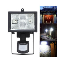 Refletor de segurança PIR de 120 W com sensor de movimento e lâmpada halógena para exterior.