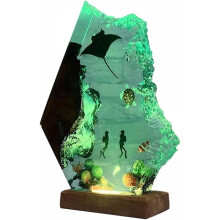 1pc 3D Ocean Resin Light Night Light with Wooden Base, Green Light Base, Scuba Diver Gift Decoration