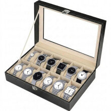 12 Slots Watch Box Organizer PU Leather Clear Lid Jewelry Display Case Storage