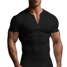 Heren Geribbelde Henley Shirt Korte Mouw Slim Fit Spier Shirt Fitted Casual T-Shirt Zwart S