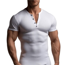 Heren Geribbelde Henley Shirt Korte Mouw Slim Fit Spier Shirt Fitted Casual T-Shirt Wit S