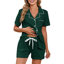 Dames Kraagloze Korte Mouw Knoop-Down Top & Drawstring Shorts Pyjama Sets Donkergroen XXL