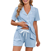 Dames Kraagloze Korte Mouw Knoop-Down Top & Drawstring Shorts Pyjama Sets Lichtblauw S