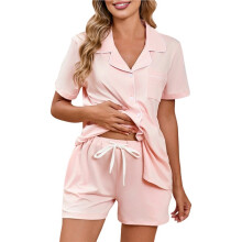Women'S Lapel Collar Short Sleeve Button Down Top & Drawstring Shorts Pajama Sets S