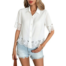 Womens Three-Quarter Bell Sleeve Button Down Shirts Casual Ruffle Hem Tops Eyelet Blouse White L