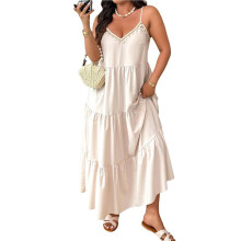 Women Casual Maxi Sundress V Neck Spaghetti Strap Flowy Boho Beach Long Dress Khaki XXL