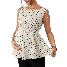 Womens Maternity Peplum Tank Top Polka Dot Tie Shoulder Ruffle Hem Pregnancy Shirt Baby Shower Apricot Color S